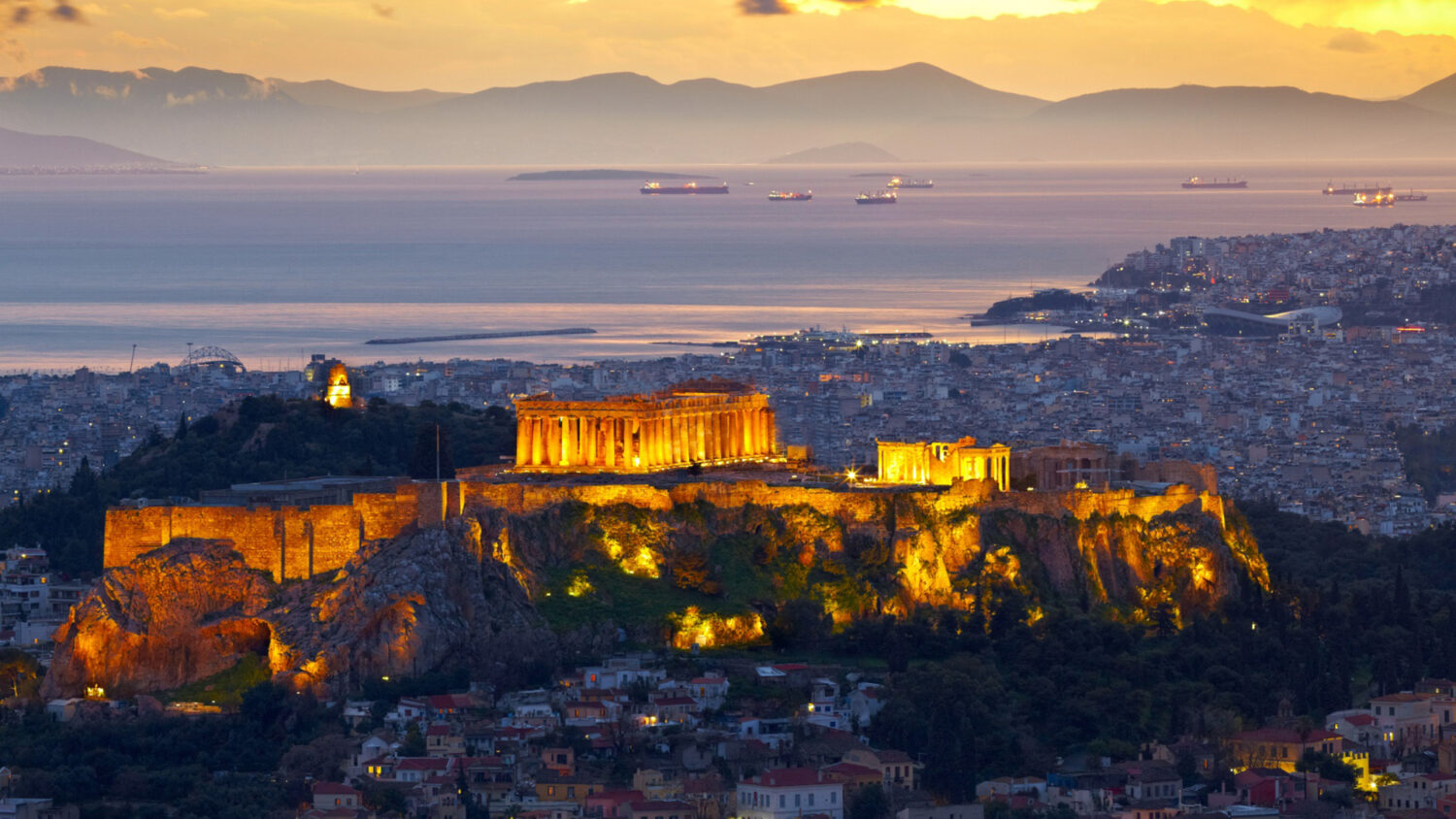 Athens room with Acropolis night view